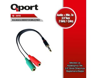 Qport (Q-A15) AUDIO + MIC TO 3.5MM 15cm KULAKLIK ÇEVİRİCİ