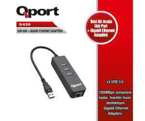 Qport Q-U3G USB 3.0 TO 3 PORT USB + RJ45 ETHERNET HUB