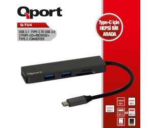 Qport (Q-TU4) USB3.1 TYPE-C TO 3xUSB3.0/SD/MICROSD HUB SİYAH